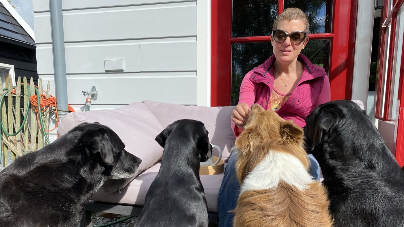 Vaste verzorger zit zichtbaar en aanspreekbaar tussen vier honden
